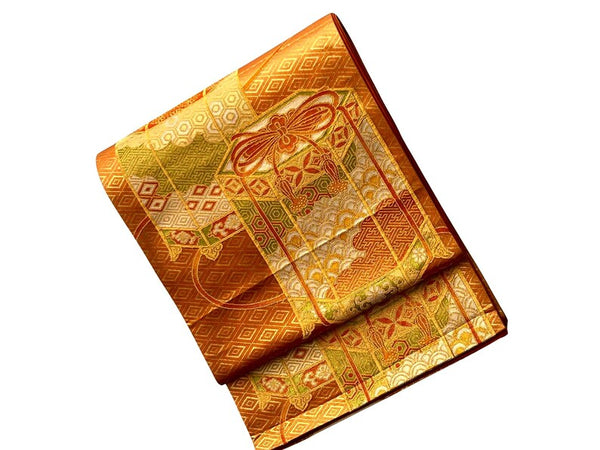 Vintage Japanese Fukuro Obi – Golden Orange Silk Brocade with Jubako and Temari Motif | Furisode & Formal Kimono