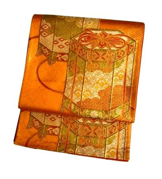 Vintage Japanese Fukuro Obi – Golden Orange Silk Brocade with Jubako and Temari Motif | Furisode & Formal Kimono