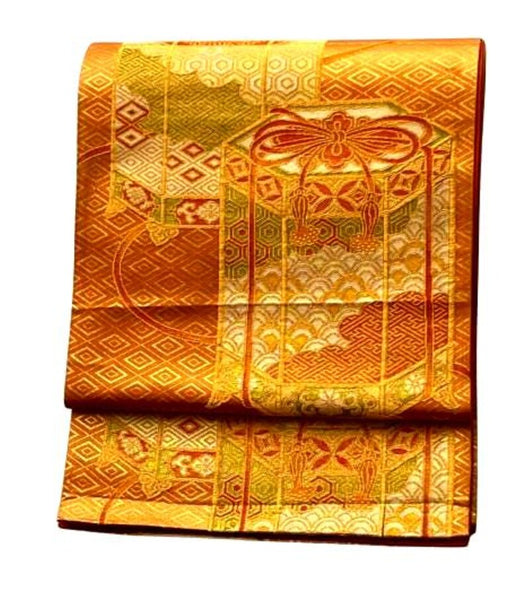 Vintage Japanese Fukuro Obi – Golden Orange Silk Brocade with Jubako and Temari Motif | Furisode & Formal Kimono