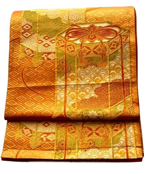 Vintage Japanese Fukuro Obi – Golden Orange Silk Brocade with Jubako and Temari Motif | Furisode & Formal Kimono