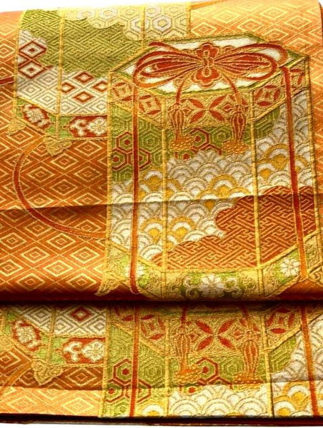 Vintage Japanese Fukuro Obi – Golden Orange Silk Brocade with Jubako and Temari Motif | Furisode & Formal Kimono
