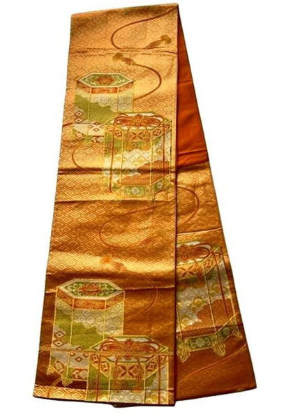 Vintage Japanese Fukuro Obi – Golden Orange Silk Brocade with Jubako and Temari Motif | Furisode & Formal Kimono