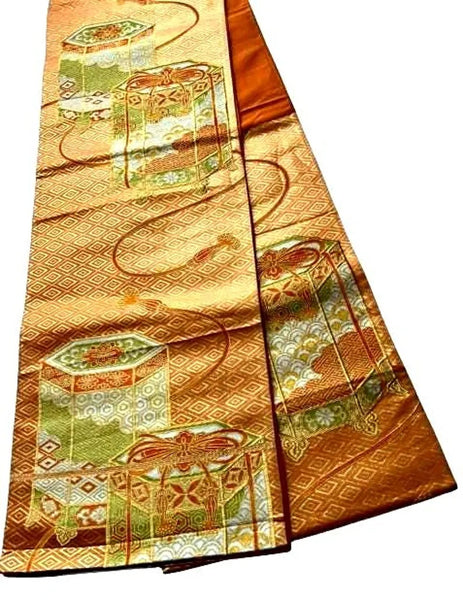 Vintage Japanese Fukuro Obi – Golden Orange Silk Brocade with Jubako and Temari Motif | Furisode & Formal Kimono