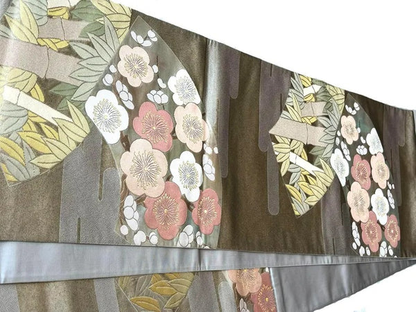Vintage Japanese Fukuro Obi – Silver-Grey Silk Brocade with Ume Plum Blossom & Pine Motif | Formal Kimono Belt