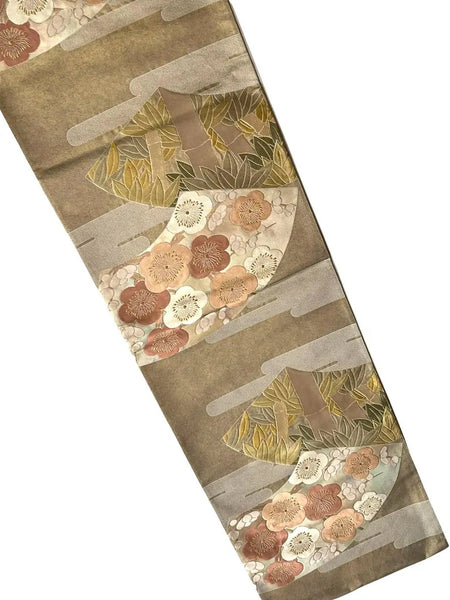 Vintage Japanese Fukuro Obi – Silver-Grey Silk Brocade with Ume Plum Blossom & Pine Motif | Formal Kimono Belt