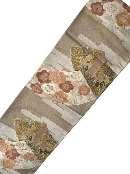 Vintage Japanese Fukuro Obi – Silver-Grey Silk Brocade with Ume Plum Blossom & Pine Motif | Formal Kimono Belt