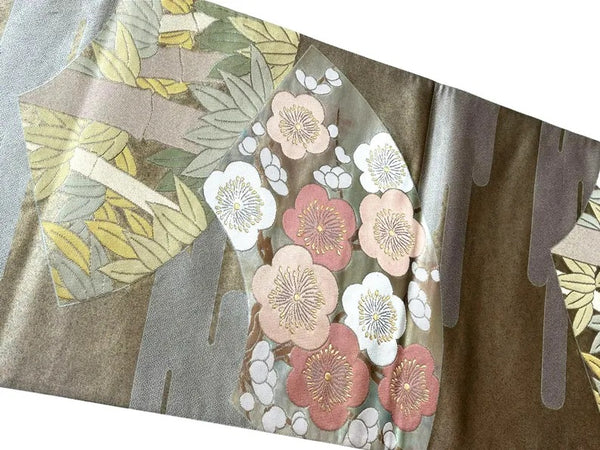 Vintage Japanese Fukuro Obi – Silver-Grey Silk Brocade with Ume Plum Blossom & Pine Motif | Formal Kimono Belt