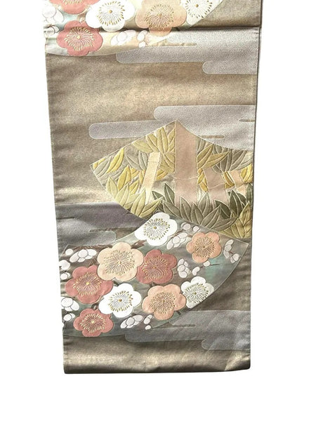 Vintage Japanese Fukuro Obi – Silver-Grey Silk Brocade with Ume Plum Blossom & Pine Motif | Formal Kimono Belt