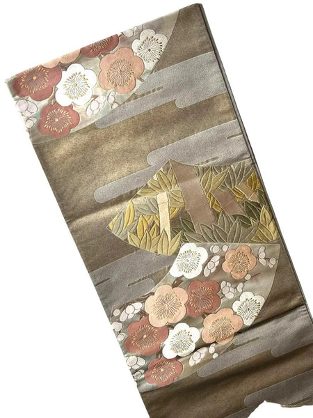 Vintage Japanese Fukuro Obi – Silver-Grey Silk Brocade with Ume Plum Blossom & Pine Motif | Formal Kimono Belt
