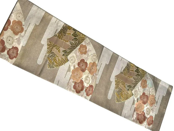 Vintage Japanese Fukuro Obi – Silver-Grey Silk Brocade with Ume Plum Blossom & Pine Motif | Formal Kimono Belt