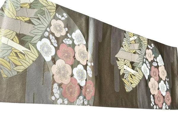 Vintage Japanese Fukuro Obi – Silver-Grey Silk Brocade with Ume Plum Blossom & Pine Motif | Formal Kimono Belt