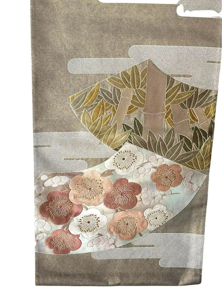 Vintage Japanese Fukuro Obi – Silver-Grey Silk Brocade with Ume Plum Blossom & Pine Motif | Formal Kimono Belt
