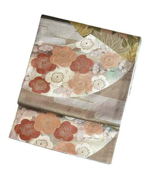 Vintage Japanese Fukuro Obi – Silver-Grey Silk Brocade with Ume Plum Blossom & Pine Motif | Formal Kimono Belt