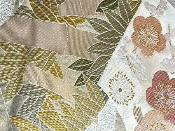 Vintage Japanese Fukuro Obi – Silver-Grey Silk Brocade with Ume Plum Blossom & Pine Motif | Formal Kimono Belt