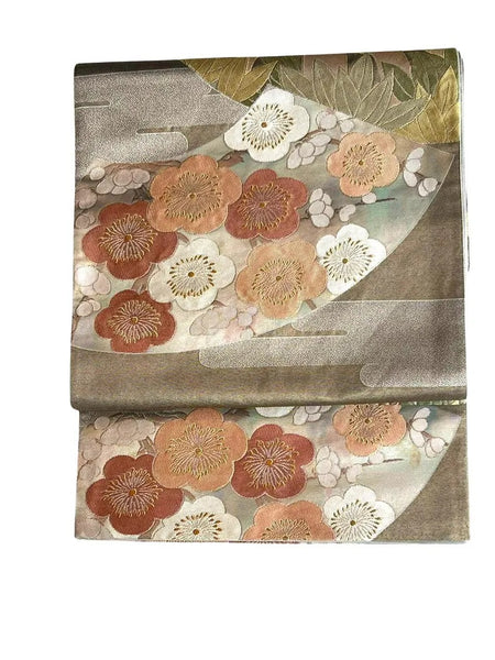 Vintage Japanese Fukuro Obi – Silver-Grey Silk Brocade with Ume Plum Blossom & Pine Motif | Formal Kimono Belt