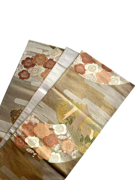 Vintage Japanese Fukuro Obi – Silver-Grey Silk Brocade with Ume Plum Blossom & Pine Motif | Formal Kimono Belt