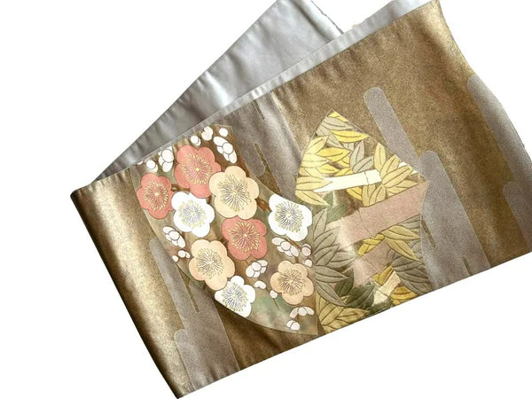 Vintage Japanese Fukuro Obi – Silver-Grey Silk Brocade with Ume Plum Blossom & Pine Motif | Formal Kimono Belt