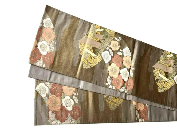Vintage Japanese Fukuro Obi – Silver-Grey Silk Brocade with Ume Plum Blossom & Pine Motif | Formal Kimono Belt