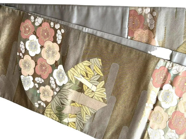 Vintage Japanese Fukuro Obi – Silver-Grey Silk Brocade with Ume Plum Blossom & Pine Motif | Formal Kimono Belt