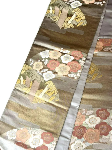 Vintage Japanese Fukuro Obi – Silver-Grey Silk Brocade with Ume Plum Blossom & Pine Motif | Formal Kimono Belt
