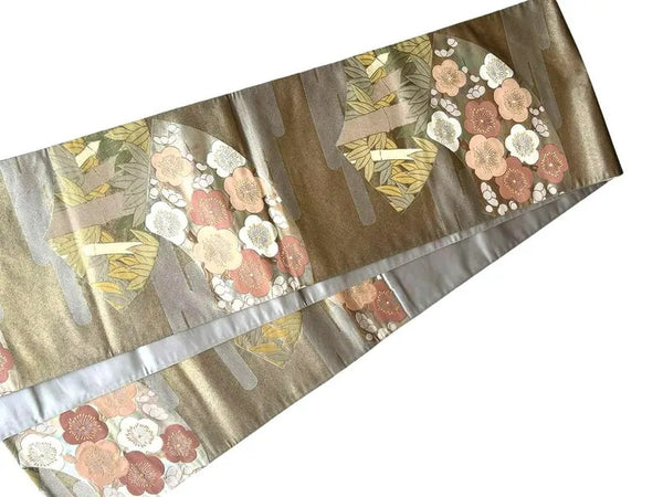 Vintage Japanese Fukuro Obi – Silver-Grey Silk Brocade with Ume Plum Blossom & Pine Motif | Formal Kimono Belt