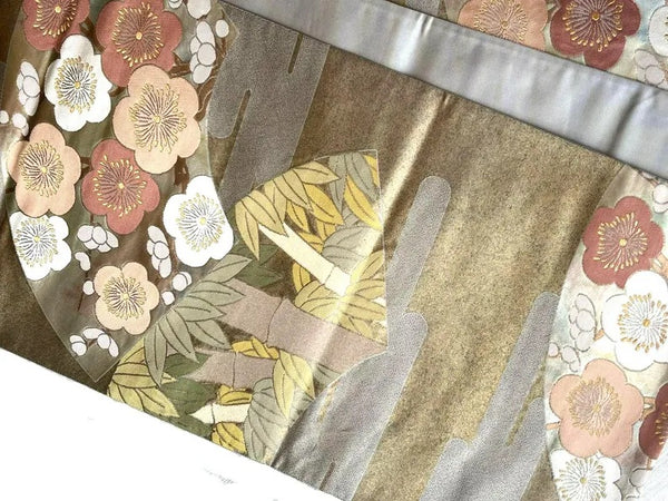 Vintage Japanese Fukuro Obi – Silver-Grey Silk Brocade with Ume Plum Blossom & Pine Motif | Formal Kimono Belt