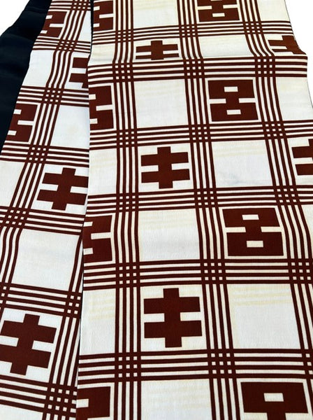Vintage Japanese Fukuro Obi – Cream & Brown Geometric Pattern with Black Lining