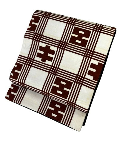 Vintage Japanese Fukuro Obi – Cream & Brown Geometric Pattern with Black Lining