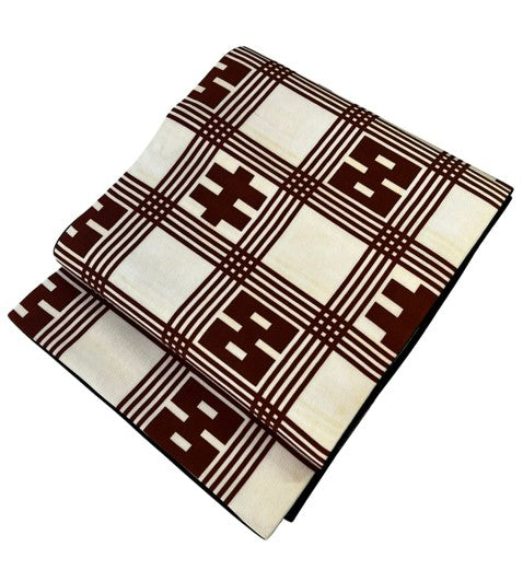 Vintage Japanese Fukuro Obi – Cream & Brown Geometric Pattern with Black Lining