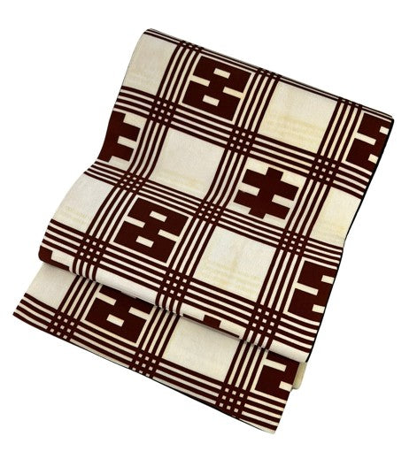 Vintage Japanese Fukuro Obi – Cream & Brown Geometric Pattern with Black Lining
