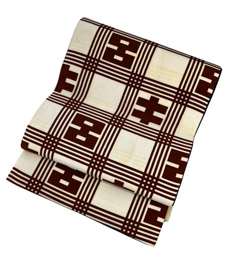 Vintage Japanese Fukuro Obi – Cream & Brown Geometric Pattern with Black Lining