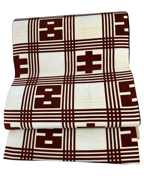 Vintage Japanese Fukuro Obi – Cream & Brown Geometric Pattern with Black Lining
