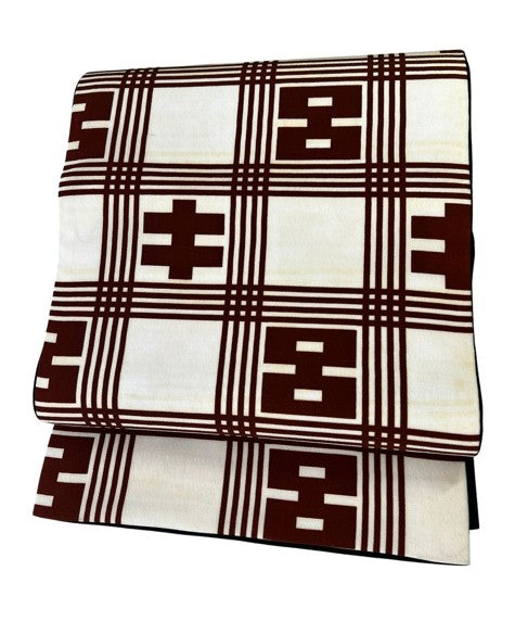 Vintage Japanese Fukuro Obi – Cream & Brown Geometric Pattern with Black Lining