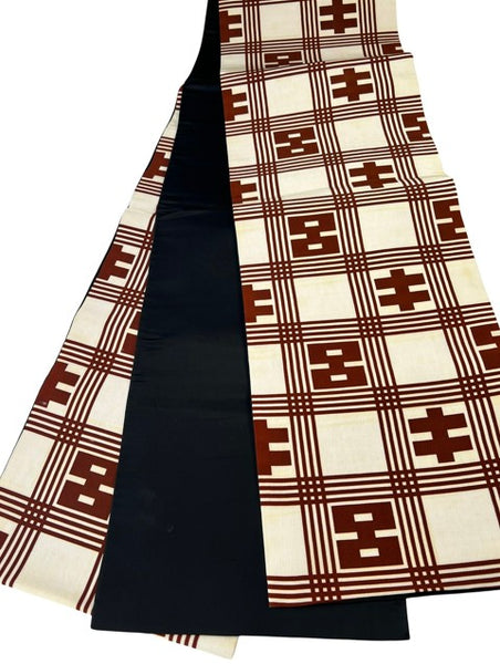 Vintage Japanese Fukuro Obi – Cream & Brown Geometric Pattern with Black Lining