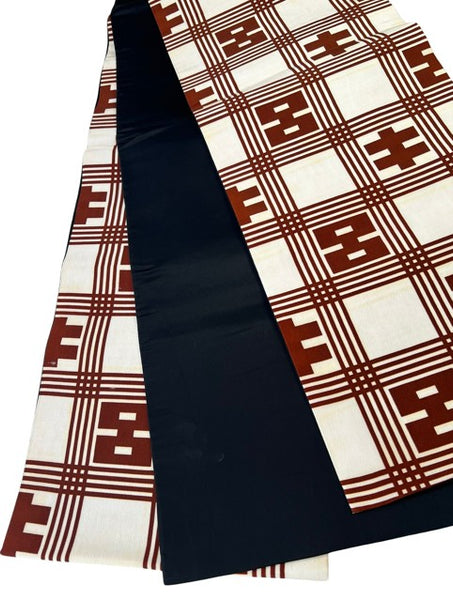 Vintage Japanese Fukuro Obi – Cream & Brown Geometric Pattern with Black Lining