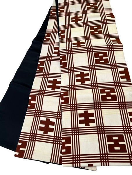 Vintage Japanese Fukuro Obi – Cream & Brown Geometric Pattern with Black Lining