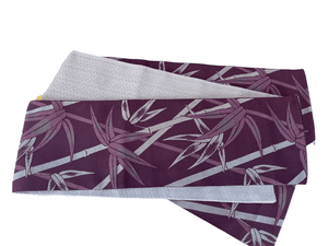 Washable Traditional Reversible Hanhaba OBI, Long  / Bamboo leaves, Purple and silver