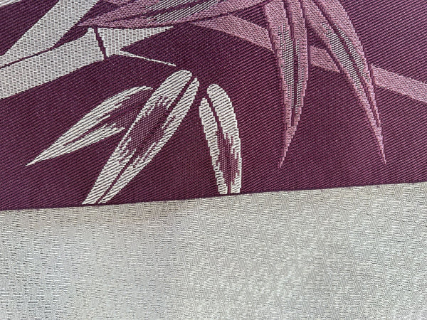 Washable Traditional Reversible Hanhaba OBI, Long  / Bamboo leaves, Purple and silver