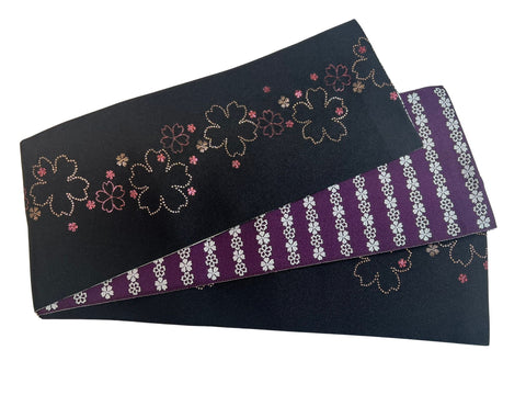Vintage Traditional Women's OBI / Reversible Hanhaba Obi – Sakura & Stripe Motif in Black and Purple