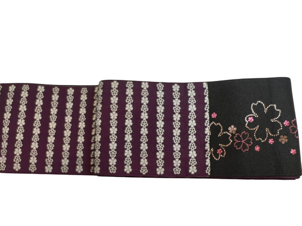 Vintage Traditional Women's OBI / Reversible Hanhaba Obi – Sakura & Stripe Motif in Black and Purple