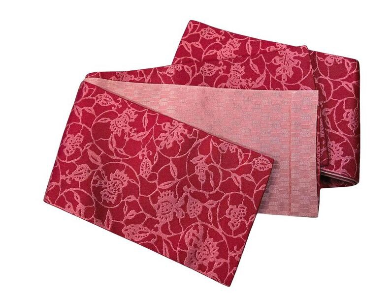 Washable Traditional Women's OBI / Reversible Hanhaba Obi – Deep red with soft pink floral jacquard pattern