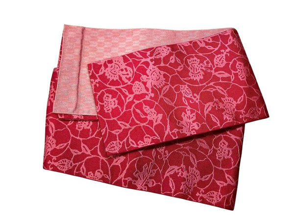 Washable Traditional Women's OBI / Reversible Hanhaba Obi – Deep red with soft pink floral jacquard pattern