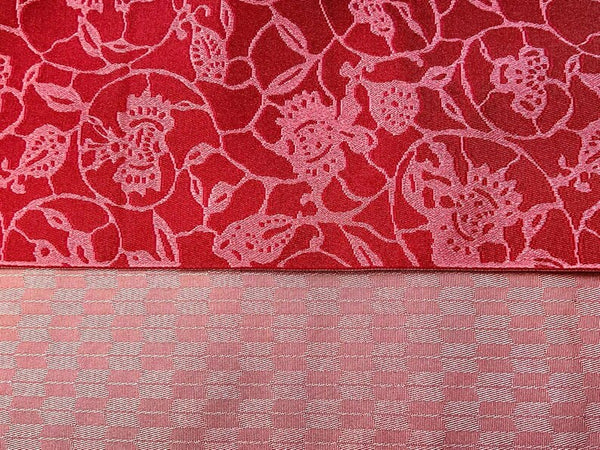 Washable Traditional Women's OBI / Reversible Hanhaba Obi – Deep red with soft pink floral jacquard pattern