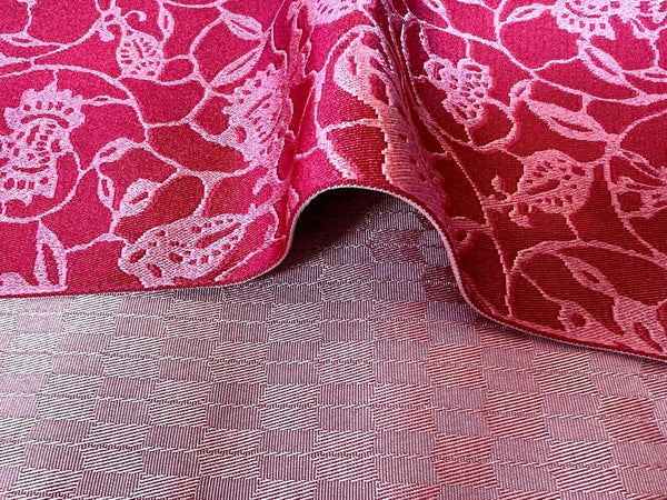 Washable Traditional Women's OBI / Reversible Hanhaba Obi – Deep red with soft pink floral jacquard pattern
