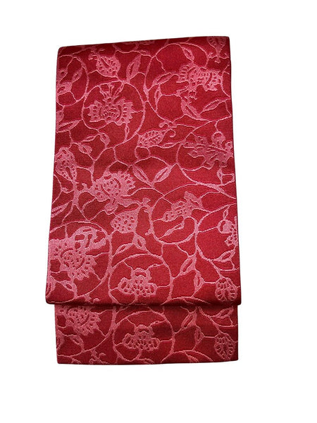 Washable Traditional Women's OBI / Reversible Hanhaba Obi – Deep red with soft pink floral jacquard pattern