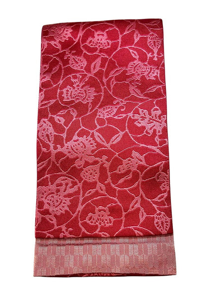 Washable Traditional Women's OBI / Reversible Hanhaba Obi – Deep red with soft pink floral jacquard pattern