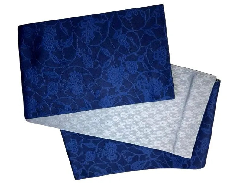 Washable Traditional Women's OBI / Reversible Hanhaba Obi – Deep Blue with soft light blue floral jacquard pattern