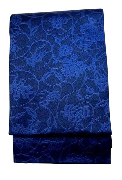 Washable Traditional Women's OBI / Reversible Hanhaba Obi – Deep Blue with soft light blue floral jacquard pattern