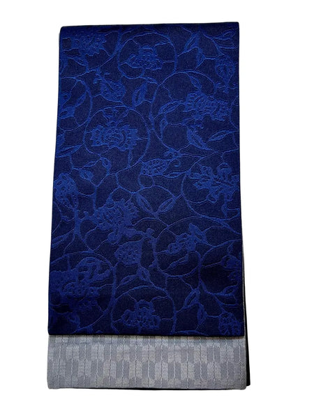 Washable Traditional Women's OBI / Reversible Hanhaba Obi – Deep Blue with soft light blue floral jacquard pattern