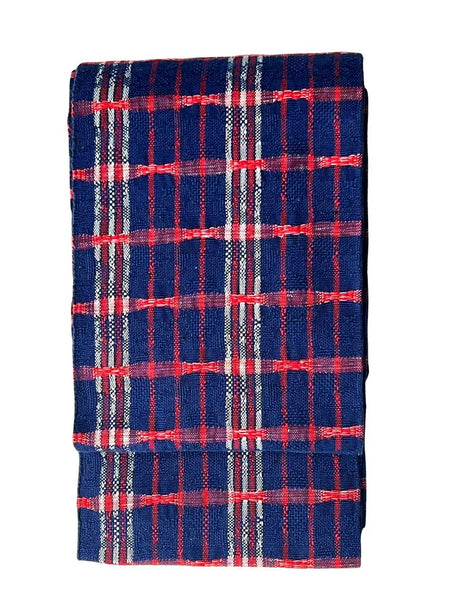 Japanese Casual Cotton Hanhaba Obi - Navy & Red Tartan Check / Traditional Kimono Belt